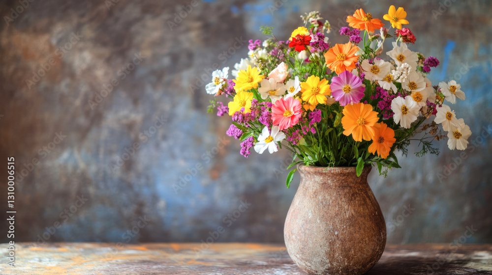 Vibrant wildflowers in rustic vase against textured background Vibrant wildflowers in rustic vase against textured background
