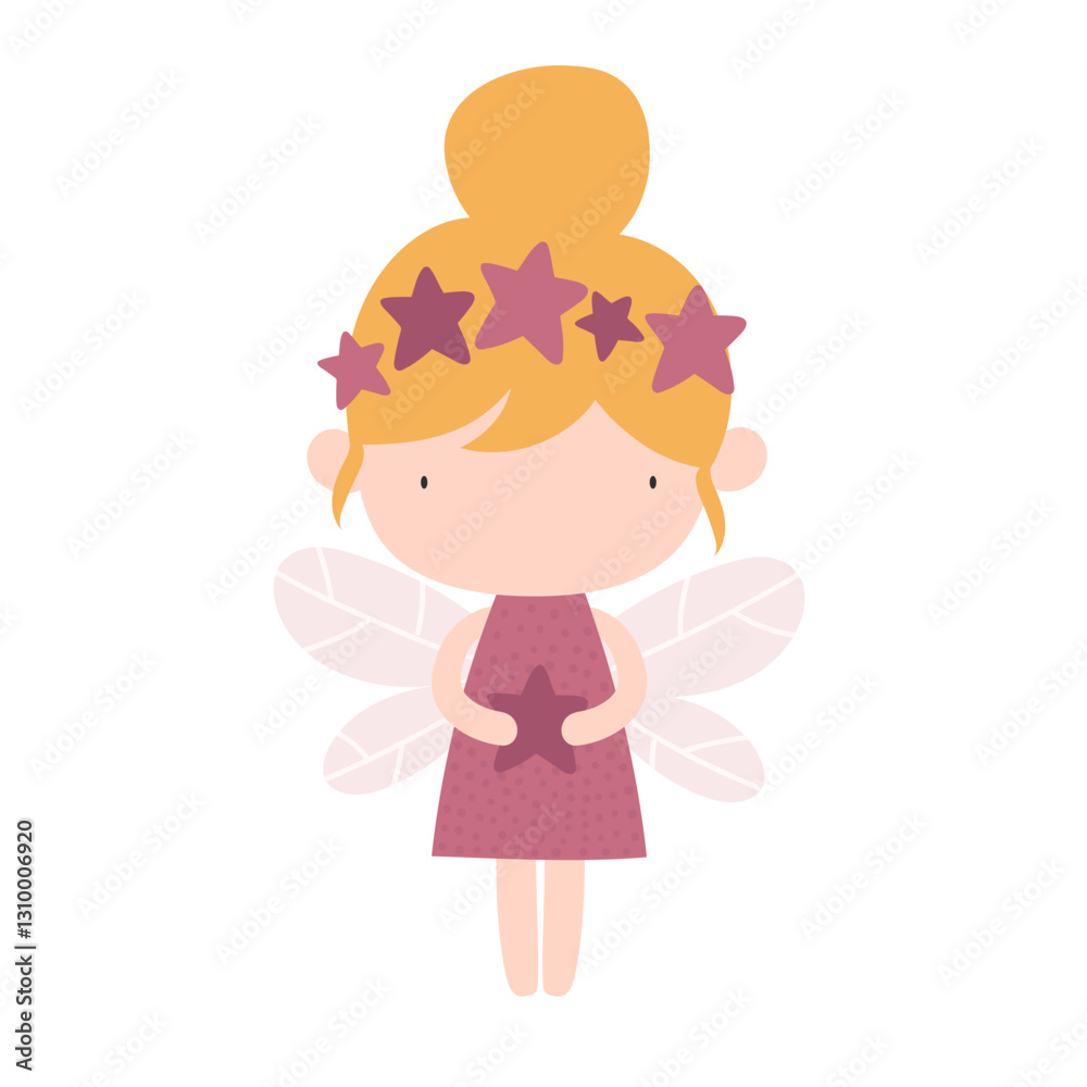 Vector illustration cute fairy girl in a dress, wreath of stars with wings holds a star in her hands. Cartoon forest princess fairy. Delicate illustration for girls. Magic. Vector illustration cute fairy girl in a dress, wreath of stars with wings holds a star in her hands. Cartoon forest princess fairy. Delicate illustration for girls. Magic.