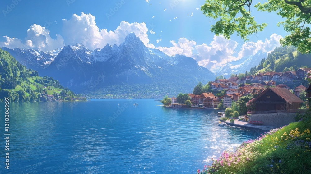 Picturesque alpine village nestled by a serene lake, with snow-capped mountains in the background. Lush greenery and vibrant flowers adorn the shoreline Picturesque alpine village nestled by a serene lake, with snow-capped mountains in the background. Lush greenery and vibrant flowers adorn the shoreline