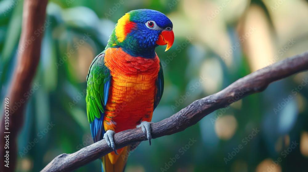 Obraz premium Vibrant rainbow lorikeet perched on tree branch in lush greenery