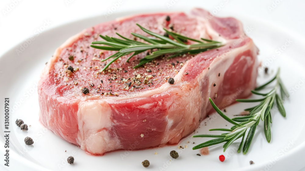 Raw ribeye steak with seasoning and fresh rosemary on plate Raw ribeye steak with seasoning and fresh rosemary on plate