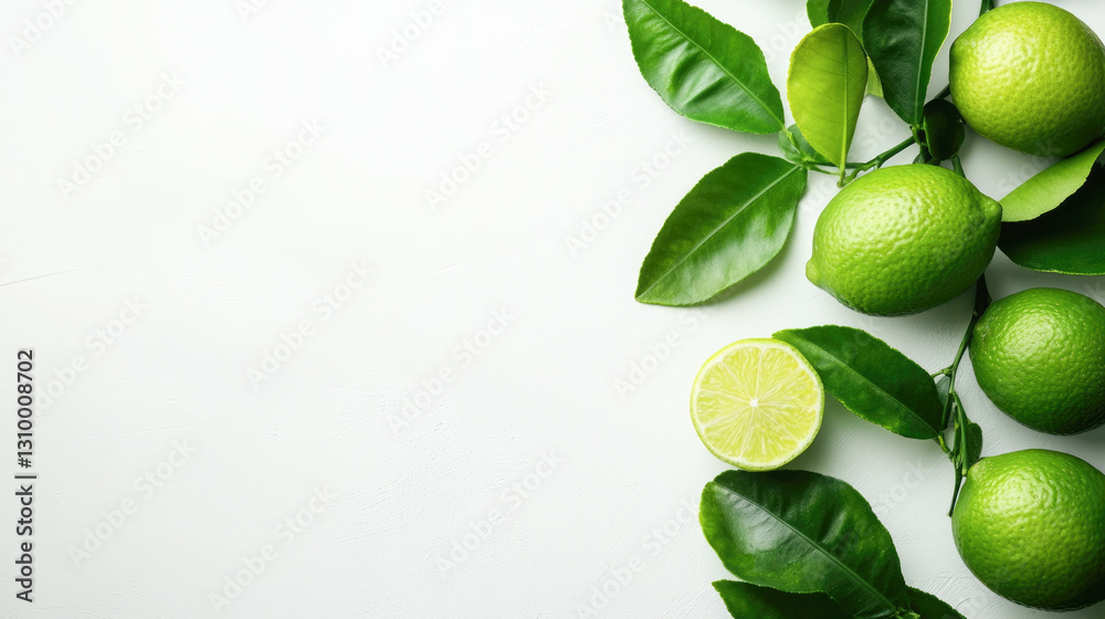 Fresh green limes and leaves on light background Fresh green limes and leaves on light background