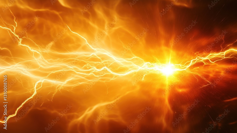 Intense lightning flash illuminating the sky with vibrant orange and yellow hues Intense lightning flash illuminating the sky with vibrant orange and yellow hues