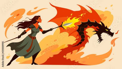 In my dream I was a warrior princess fighting an epic battle against a firebreathing dragon and I brought the scene to life in my art journal using. Vector illustration