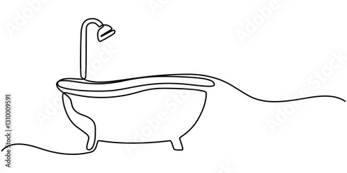 Continuous one line drawing of bathtub design. Simple bath in single line draw illustration. Continuous Line Drawing of Baby Bath Icon. Hand Drawn Symbol Vector Illustration.table stroke. 