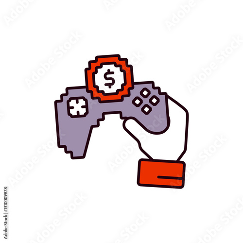 Hand Holding Gamepad and Coin Pixel Icon for Play-to-Earn Mechanics and Asset Generation