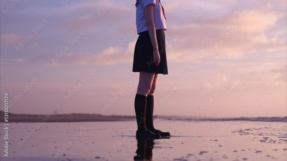 朝焼けの海岸で波打ち際に立つ女子高校生