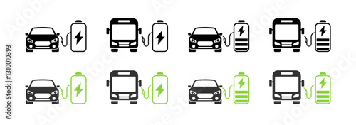 Electric vehicle flat icons set - cars and buses with charging batteries in linear design.