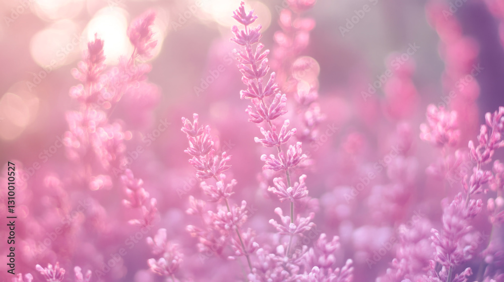 Naklejka premium Dreamy pink lavender field with soft pastel bokeh lighting