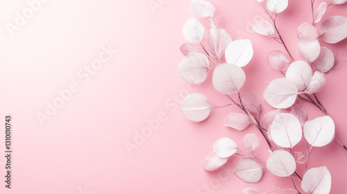 Soft pink minimalist composition with delicate white leaves