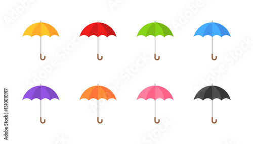 Colorful umbrella icons set in flat style - vector illustration of eight different designs.