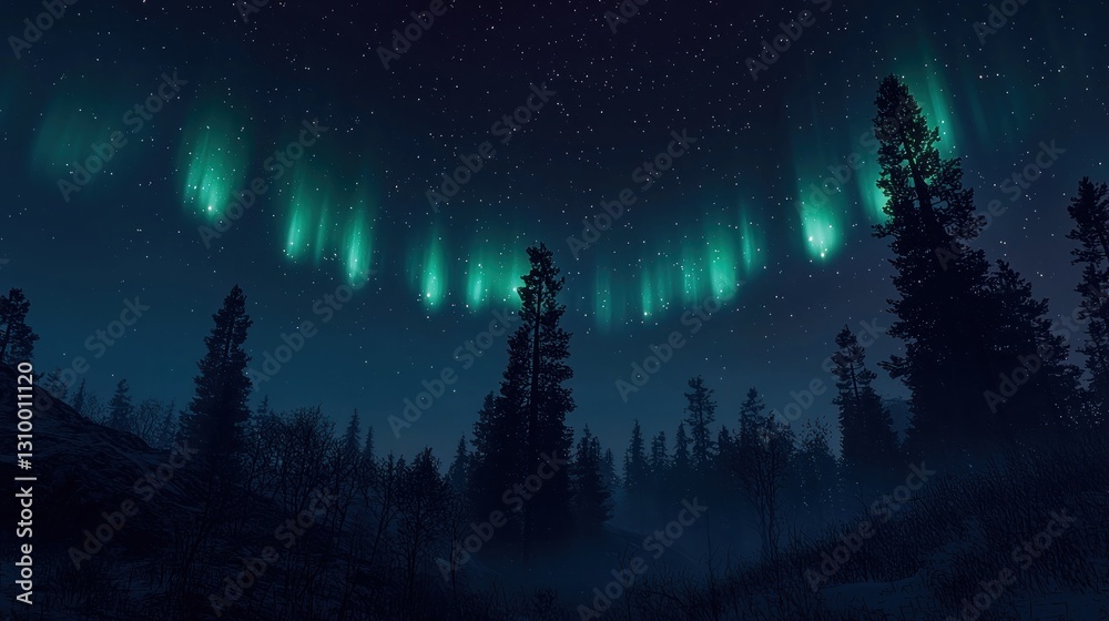 Naklejka premium Northern Lights over a winter forest at night
