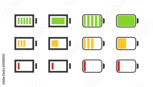 Flat battery icons set - linear style showing different charge levels.