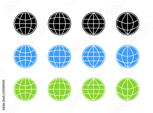 Flat linear icons set of globe designs in black, blue, and green.