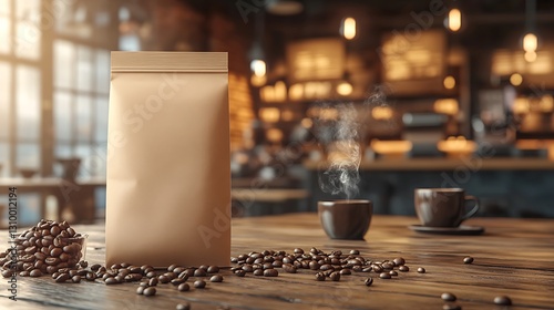 Coffee bag mockup, cafe background, beans, steam