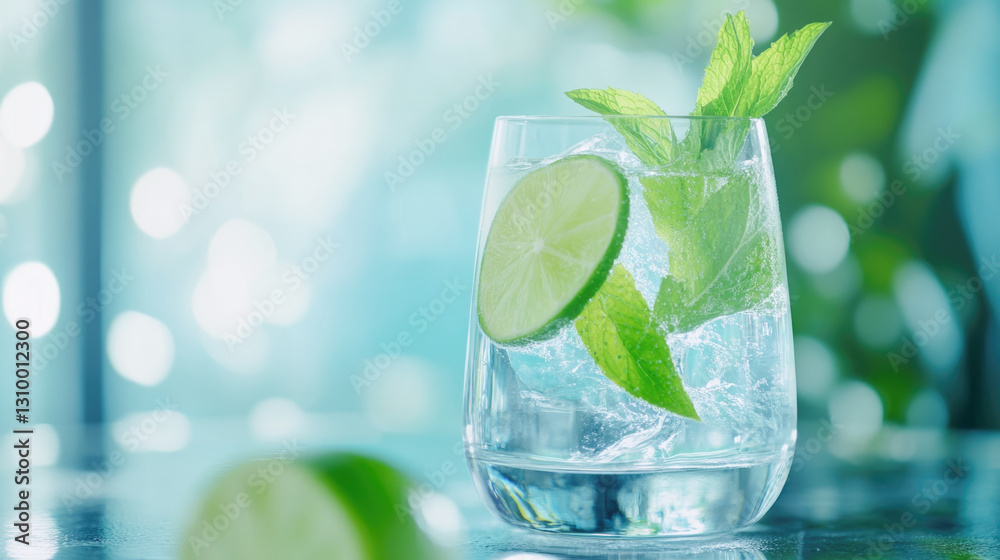 Refreshing icy drink with lime and mint leaves in glass on blue bokeh background Refreshing icy drink with lime and mint leaves in glass on blue bokeh background