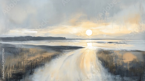 A beautiful landscape painting of a sunset over the ocean