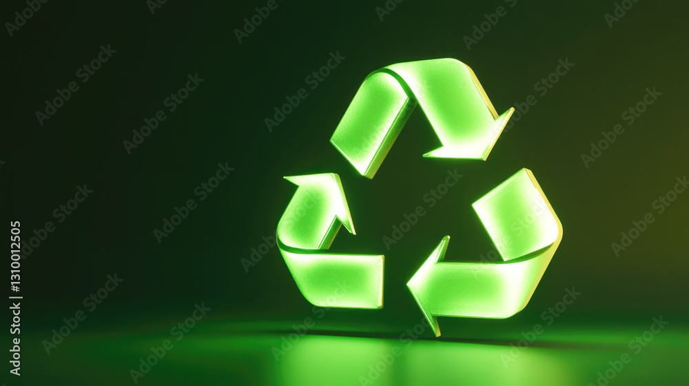 Glowing green recycling symbol on dark background representing eco-friendly practices Glowing green recycling symbol on dark background representing eco-friendly practices