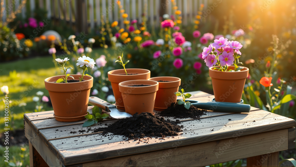 Transplanting flowers into flower pots outdoors in a summer cottage on a sunny day Transplanting flowers into flower pots outdoors in a summer cottage on a sunny day