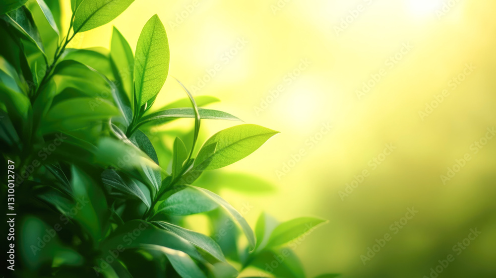 Lush green leaves with sunlit background in vibrant natural setting Lush green leaves with sunlit background in vibrant natural setting