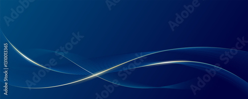 Luxury reflective blue wave lines abstract gradient background. Modern and premium wavy design with shiny gold on dark scene. Art & Illustration