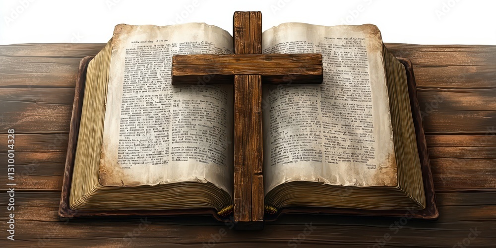 Open holy book resting on wooden table with a cross symbol placed on top Open holy book resting on wooden table with a cross symbol placed on top