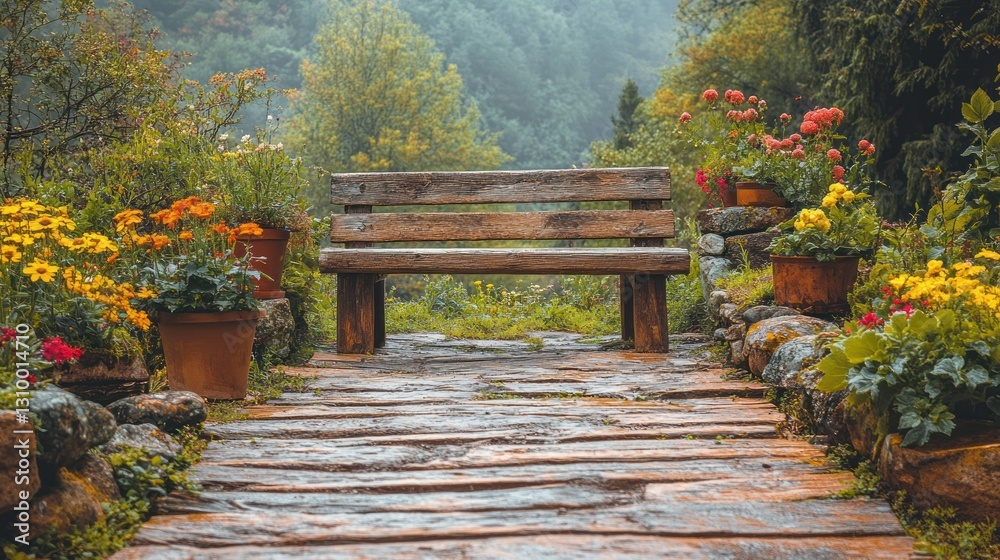 Obraz premium Wooden bench in a colorful garden path
