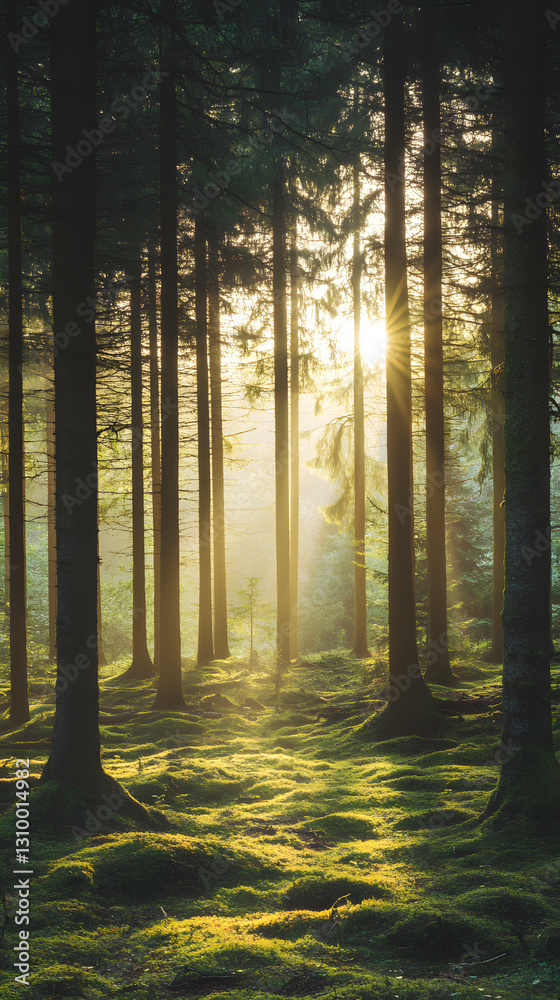 Fototapeta premium Beautiful forest with tall trees and sunlight shining through the foliage, creating an enchanting natural landscape 