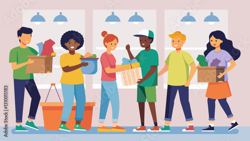 A group of teens volunteering at the thrift store gaining valuable job skills and work experience while giving back to their community.. Vector illustration