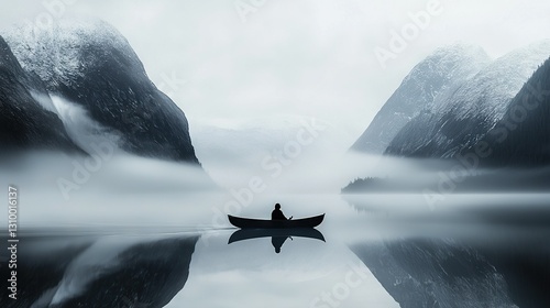  A person relaxing in a boat amidst a tranquil body of water with majestic mountains behind and a soft veil of fog enveloping the surroundings