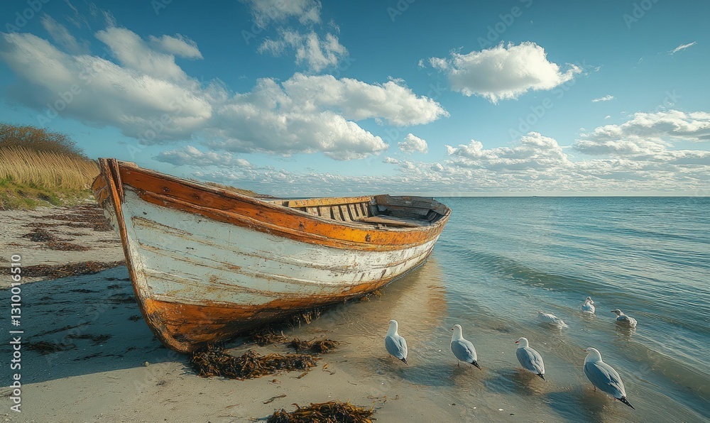 Weathered boat rests on tranquil beach, gulls nearby. Weathered boat rests on tranquil beach, gulls nearby.