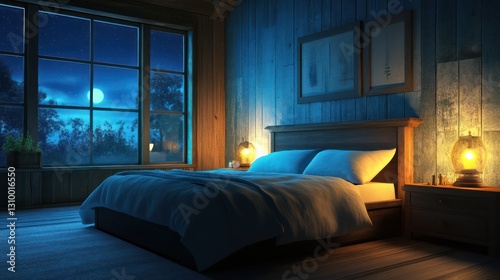 Cozy cabin bedroom at night