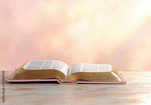 Open Holy Bible on Wooden Table with Soft Pink and Orange Background Lighting