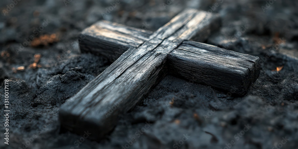 Wooden cross resting on dark ashes in a solemn landscape during twilight Wooden cross resting on dark ashes in a solemn landscape during twilight
