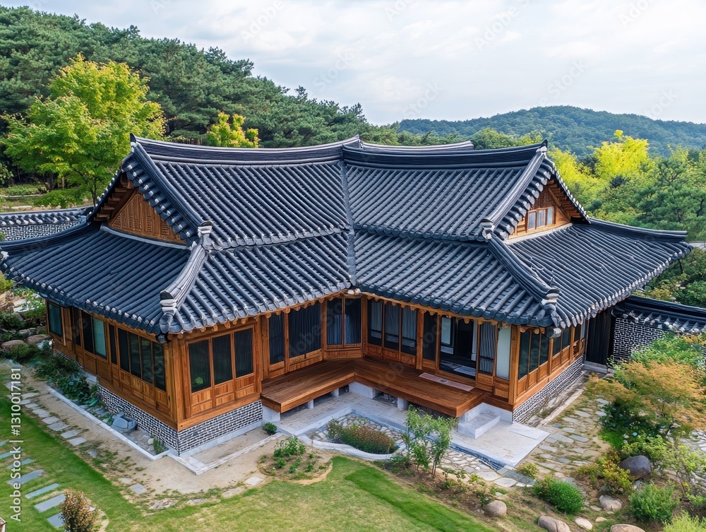 Traditional Asian style home with dark roof in nature setting Traditional Asian style home with dark roof in nature setting