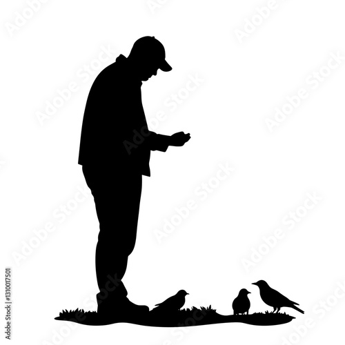 Person feeding birds in silhouette against white background, compassion