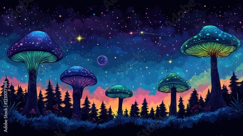 Mystical Mushroom Grove Beneath a Starry Sky: A Dreamy Night Landscape
