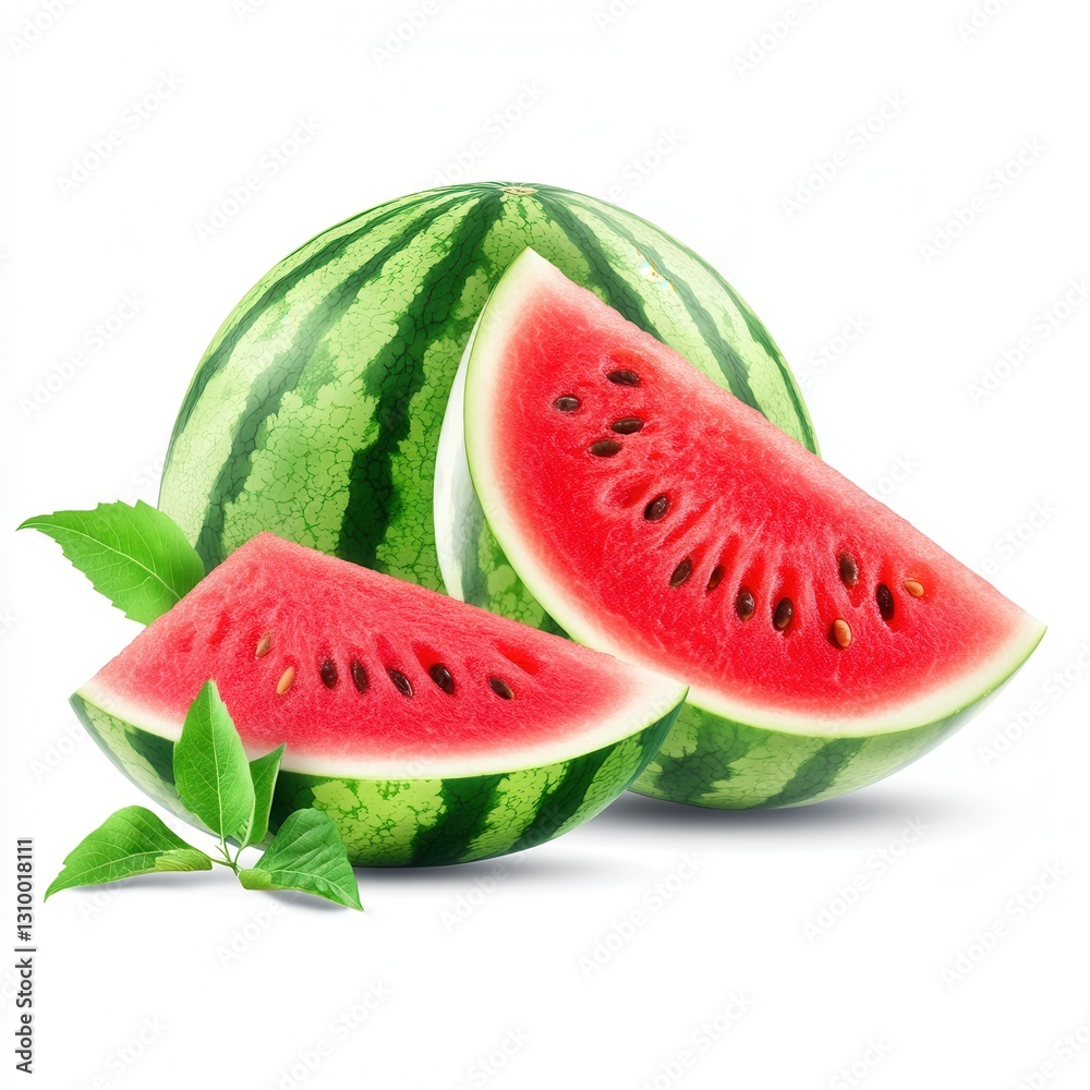 Fresh juicy watermelon and slices with green leaves on white background. Fresh juicy watermelon and slices with green leaves on white background.