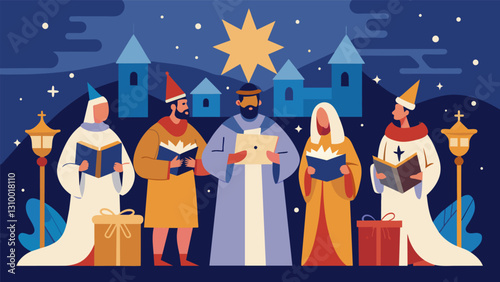 The church choir sings traditional Christmas carols in the background adding a harmonious touch to the live nativity scene.. Vector illustration