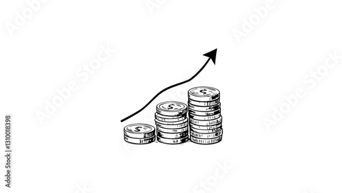 Vintage sketch of stacked coins with upward trend line  