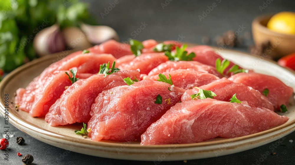 Fresh raw slices of red meat garnished with parsley and vegetables on a ceramic plate Fresh raw slices of red meat garnished with parsley and vegetables on a ceramic plate