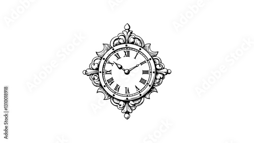 Vintage clock sketch in black and white with ornate details  