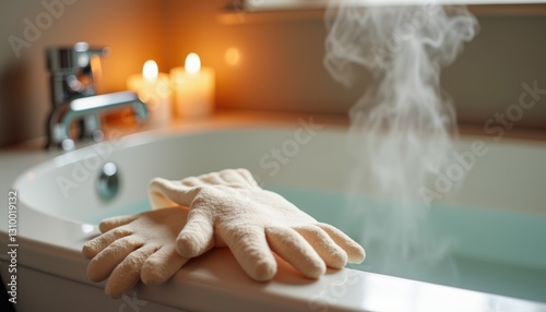 Wallpaper Mural  Exfoliating gloves on the edge of a bathtub, steam rising softly in the background, warm candlelight. Skincare concept, beauty routine, bath rituals Torontodigital.ca