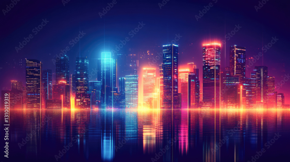 Fototapeta premium Vibrant neon cityscape reflection at night