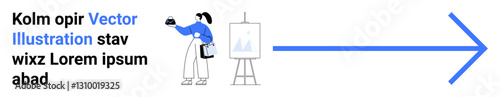 Person showcasing data on an easel chart, holding a pointer stick, next to a large blue arrow. Ideal for presentations, business strategy, growth, guidance, marketing, education flat landing page