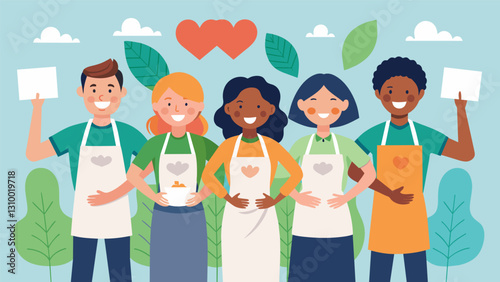 A group of volunteers posing for a photo op proudly displaying their thrift store aprons and holding up signs thanking the community for their. Vector illustration