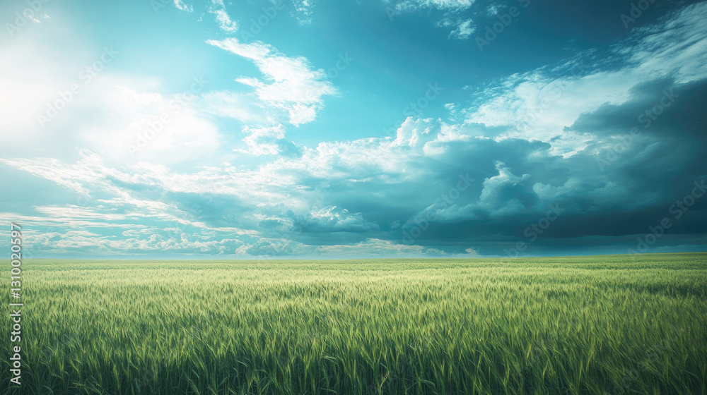 Serene green field under dramatic cloudy sky in daylight Serene green field under dramatic cloudy sky in daylight