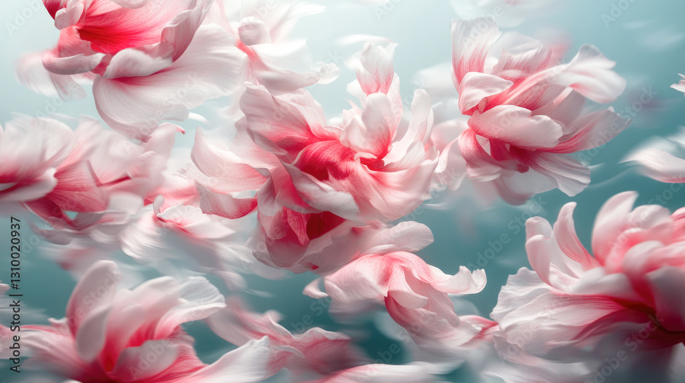 Fototapeta premium Pink and white peony petals floating in dreamy blue background