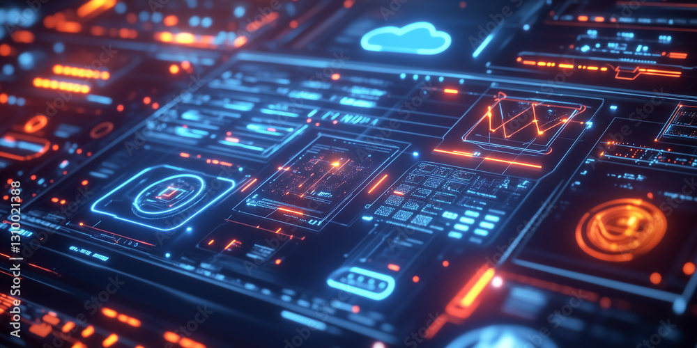 A futuristic interface with glowing elements and digital displays, capturing the essence of modern technology and data visualization. Perfect for tech, digital, and abstract visuals.