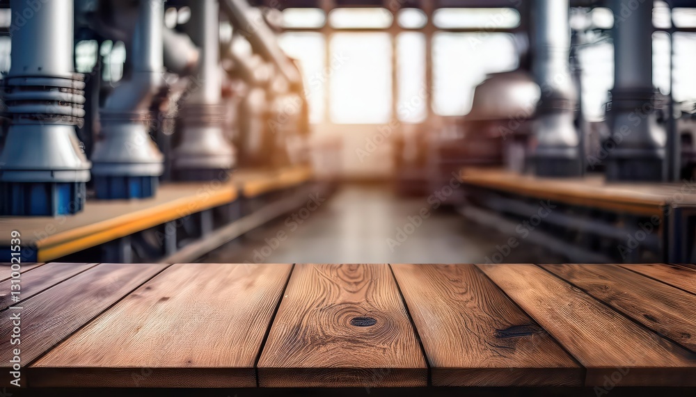 Rustic Wooden Table in Industrial Backdrop A Blurred Factory Scene Offers Vast Space for Creative Product Showcase, Embracing Minimalistic Elegance with a Hint of Grunge Rustic Wooden Table in Industrial Backdrop A Blurred Factory Scene Offers Vast Space for Creative Product Showcase, Embracing Minimalistic Elegance with a Hint of Grunge